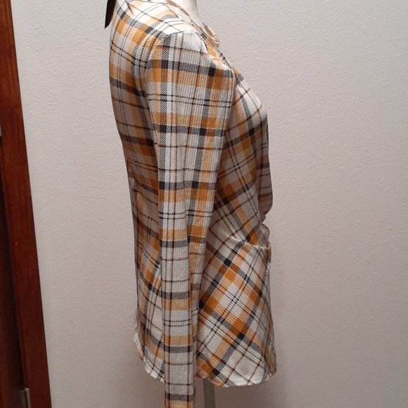 B Famous #USA Gold Black Cream Gingham Squares Asymetrical Shirt - Size Medium - Picture 4 of 7